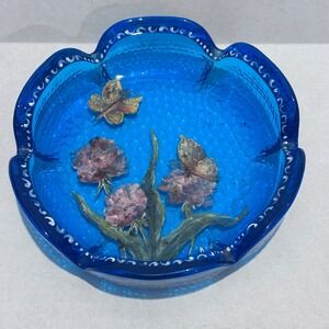 Vintage Blue‎ Glass Ash Tray Hand Painted Butterflies Floral Scalloped Edge